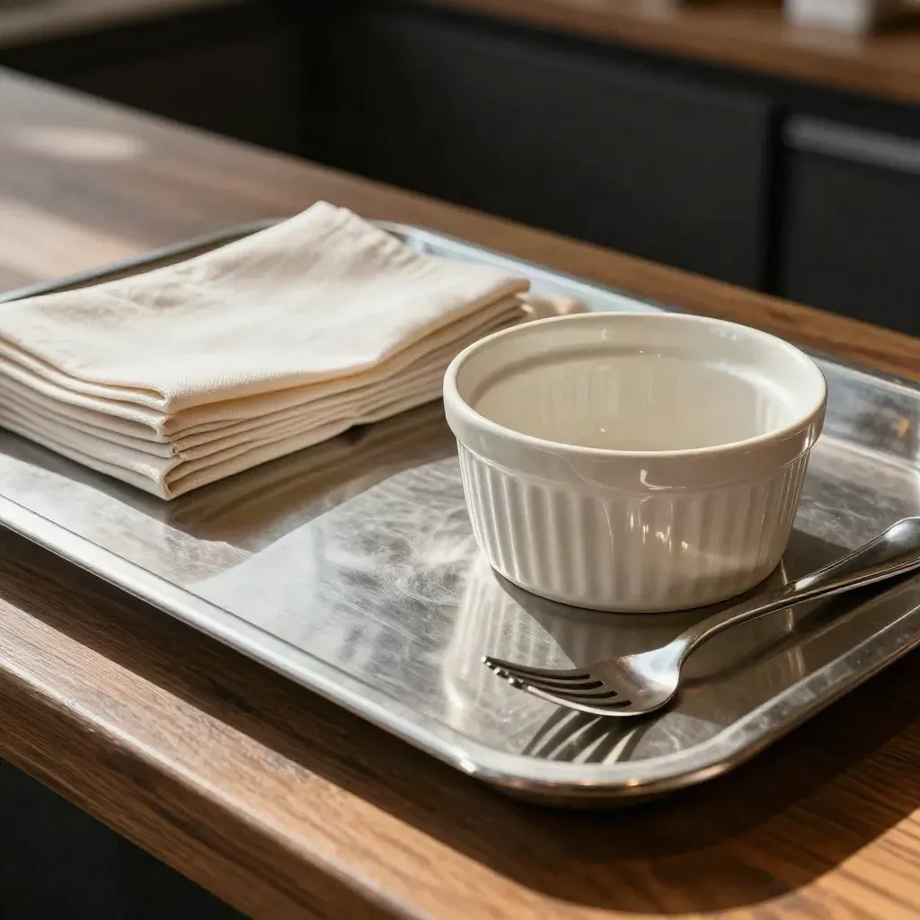 Servierwanne, Ramekin, Servietten und Besteck auf dunkler Servicefläche.