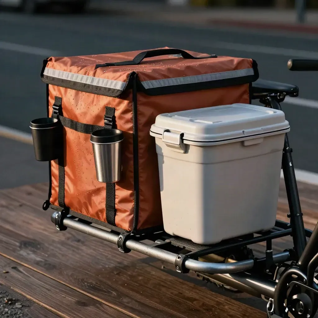 Liefer-Rucksacktasche und Thermobox auf E-Bike-Gepäckträger in kühler Nachtluft