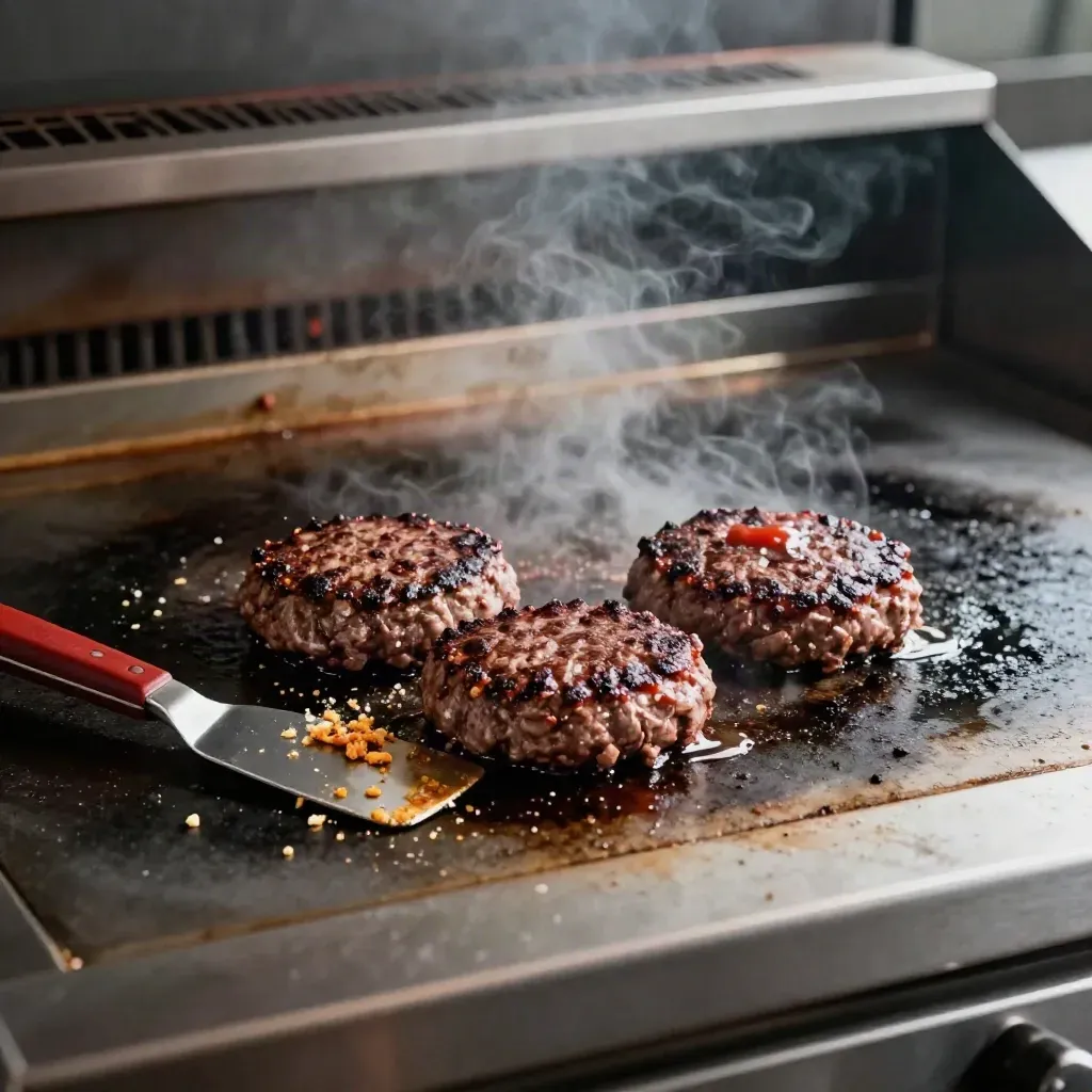 Zwei Patties brutzeln auf der Grillplatte neben einem Spatel mit rotem Griff.