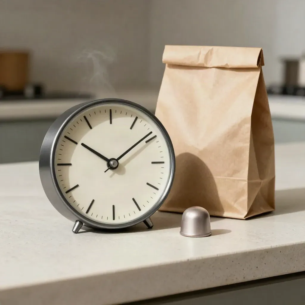 Analoger Timer, Pickup-Token und versiegelter Papierbeutel auf hellem Putz, seitlich beleuchtet.