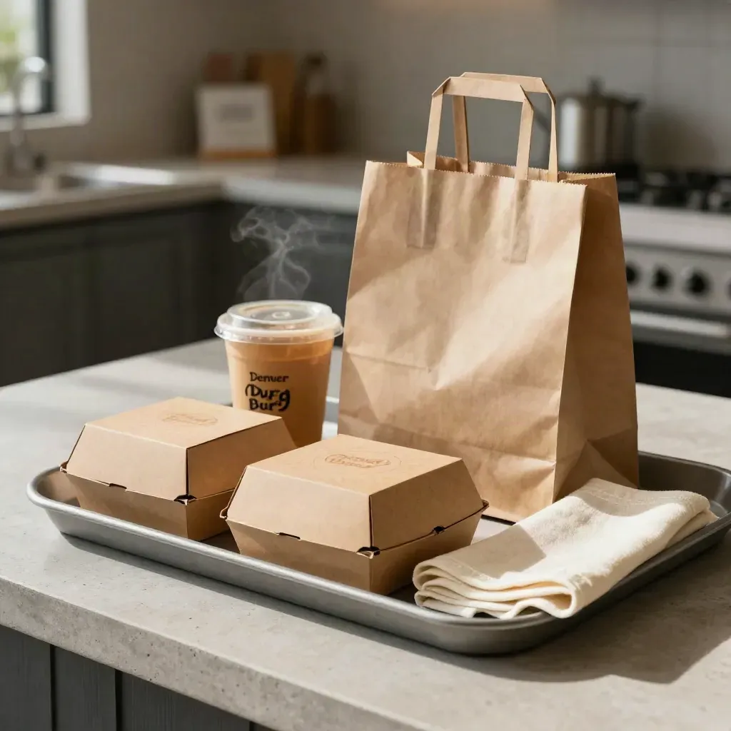 Braune Take-away-Taschen, Burgerboxen und Becherträger auf einer Steinstraße.