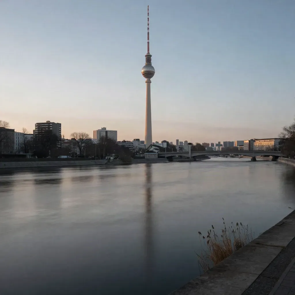Fernsehturm über der Spree im Abenddunst, ruhige Skyline und breite Wasserzone