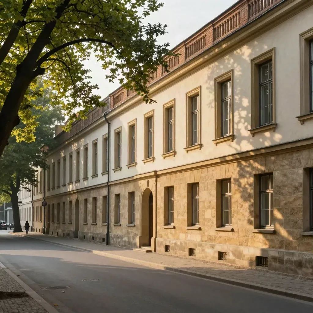 Charlottenburger Steinfassaden und Baumallee im warmen Abendlicht mit ruhigem Platz für Text.