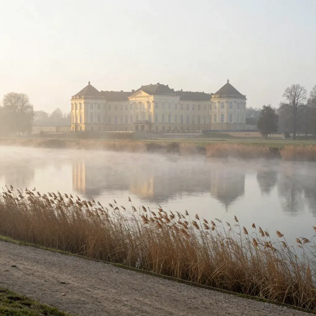 Schloss-Silhouette in Morgennebel über ruhigem Wasser und Schilf bei Potsdam