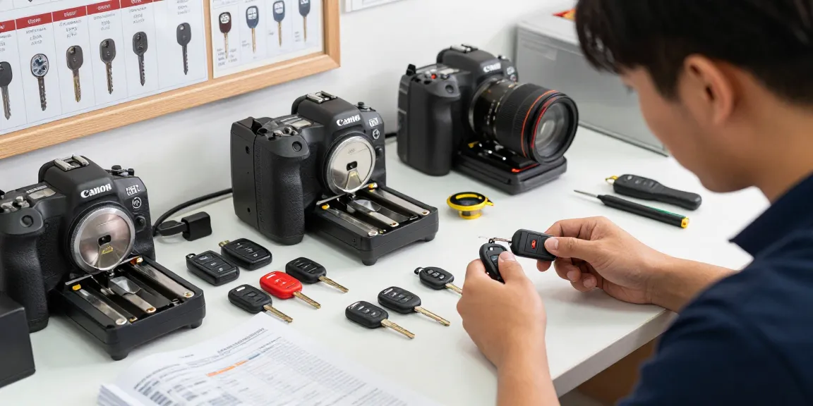 Fachmann für Ersatzschlüssel Auto programmiert verschiedene Autoschlüssel und Schlüsselgehäuse in einem gut organisierten Raum.