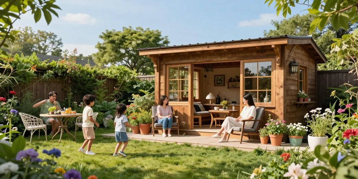 Stylisches Gartenhaus kaufen in einem lebhaften Garten mit blühenden Pflanzen und einer entspannten Familie.