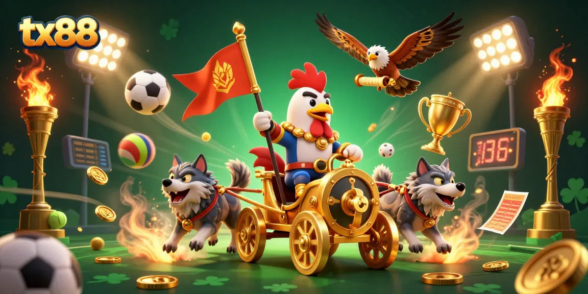 Bet on tx88 with a vibrant 3D illustration showcasing exciting sports elements and casino action.