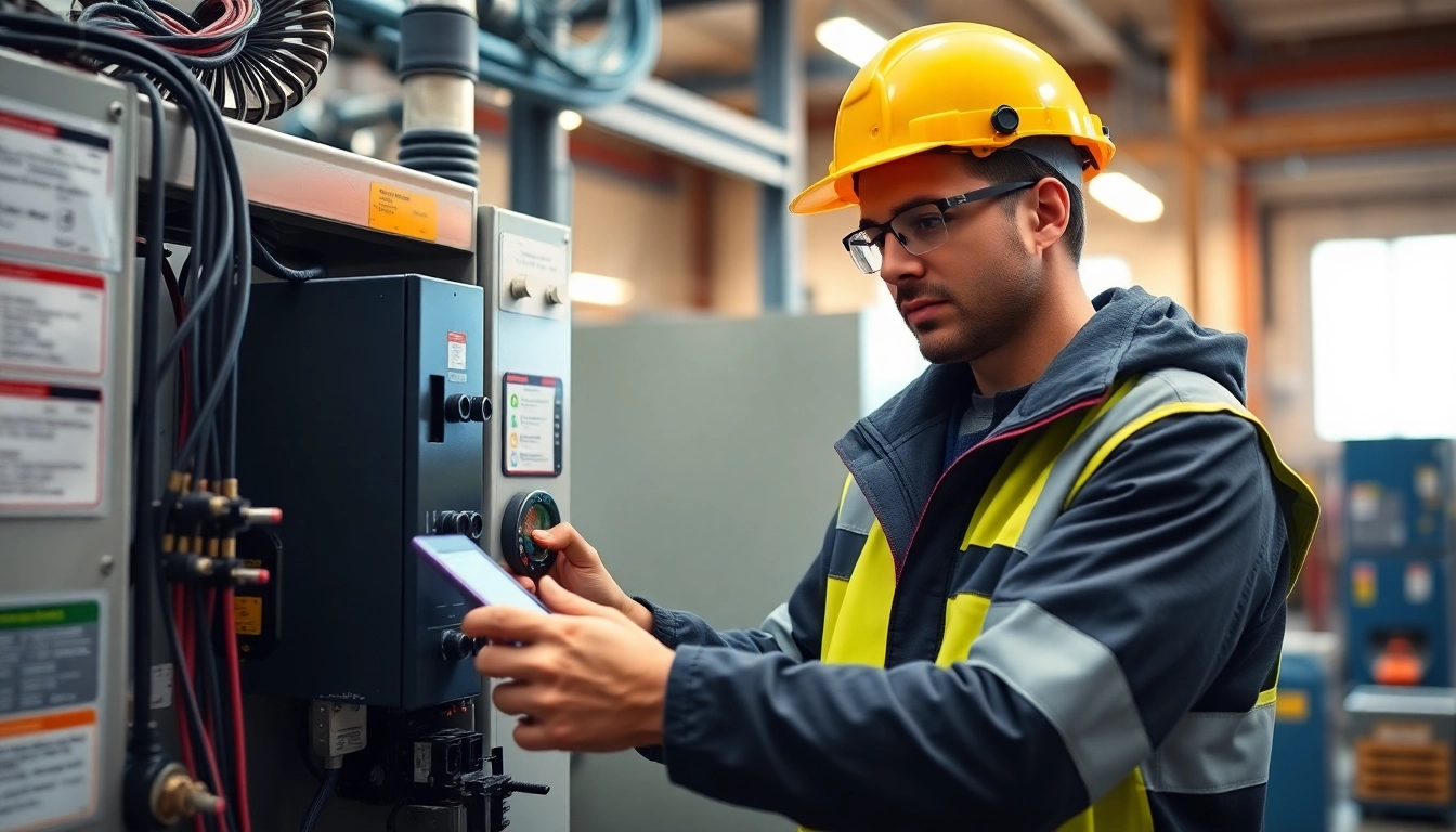 Technician conducting a DGUV V3 Prüfung, ensuring safety of electrical devices in a well-lit workshop.