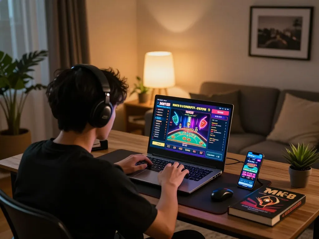 Engaging with the MK8 betting app during a cozy online gaming session with vibrant graphics visible.