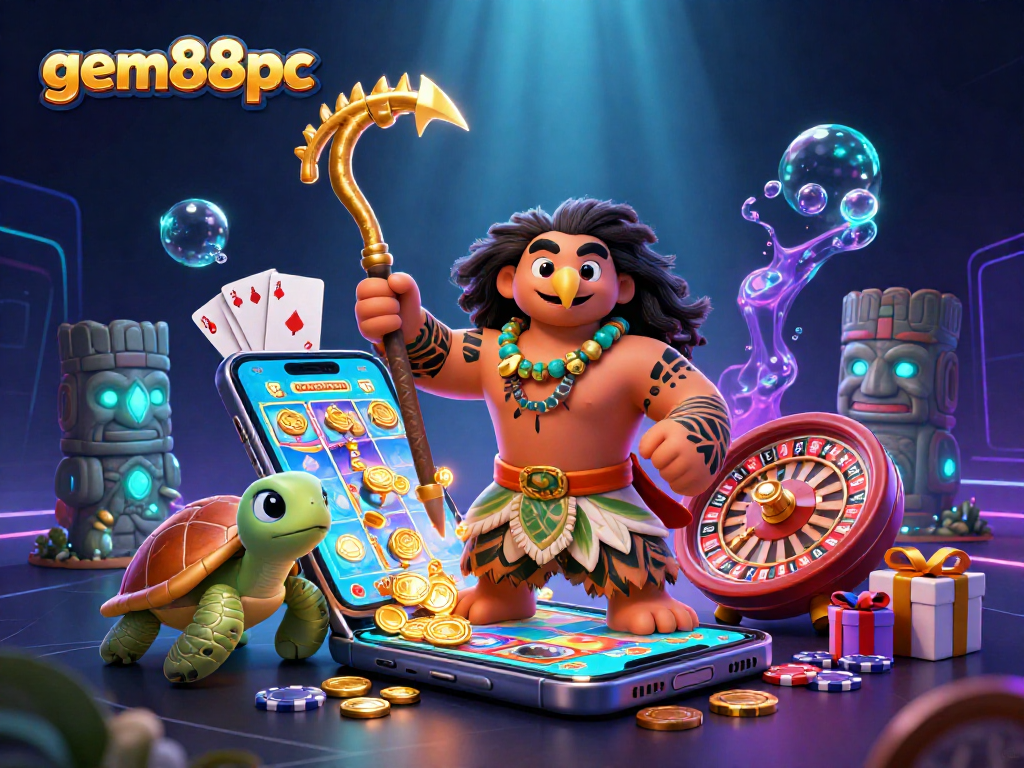 Experience thrilling wins with gem88pc's vibrant casino-themed illustration featuring exciting gameplay elements.