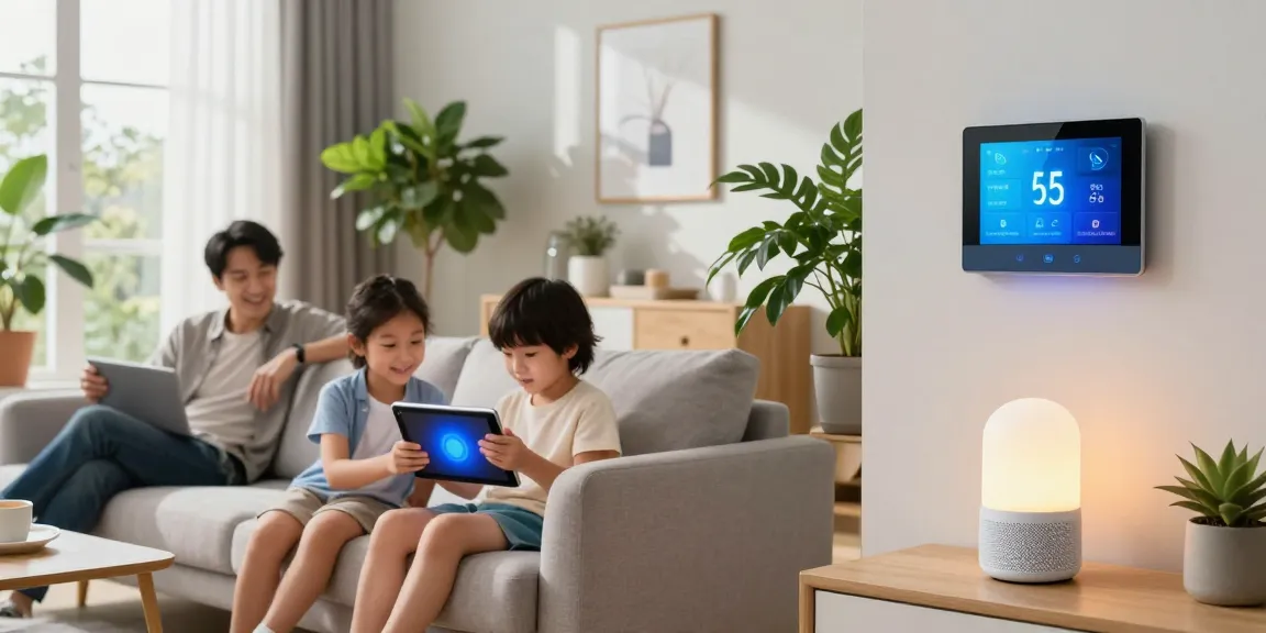 Smart Home Automatisierung: Family enjoying technology in a modern living room with smart devices.
