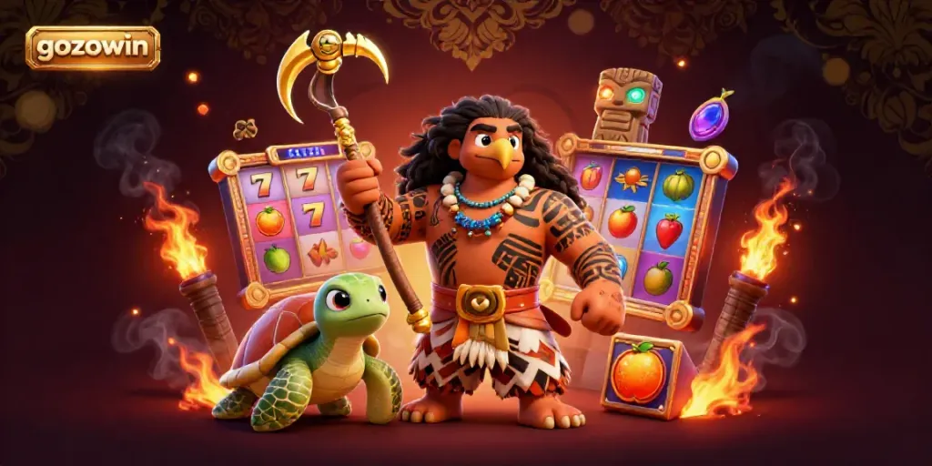 Engage with gozowin's colorful slot gaming scene featuring a dynamic demigod hawk and turtle.