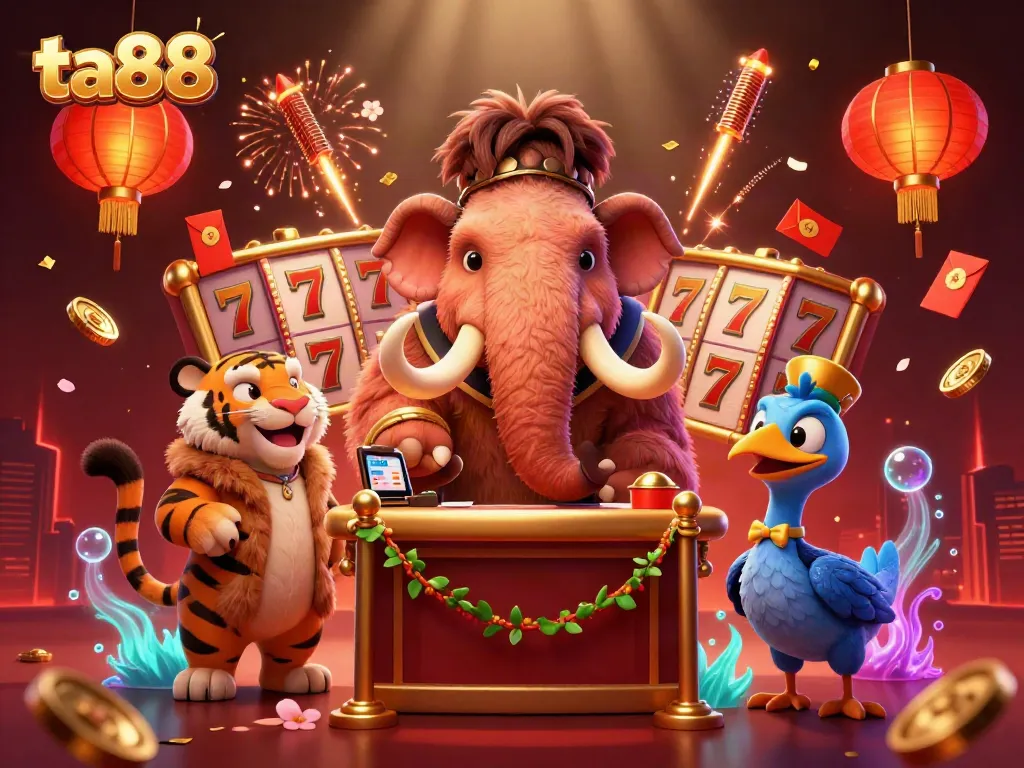 Play slots and win at the ta88 casino with a lively cartoon bouncer and VIP guest checking IDs.