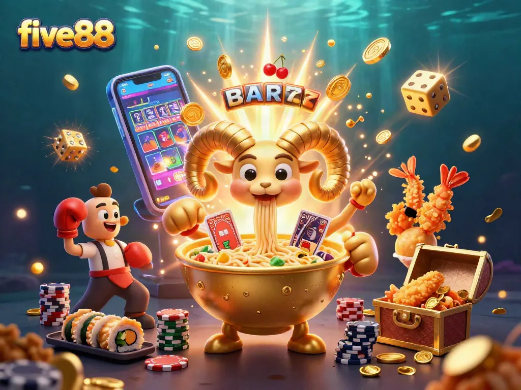 Engaging five88 casino scene with vibrant characters, slot machine, and jackpot elements creating excitement.