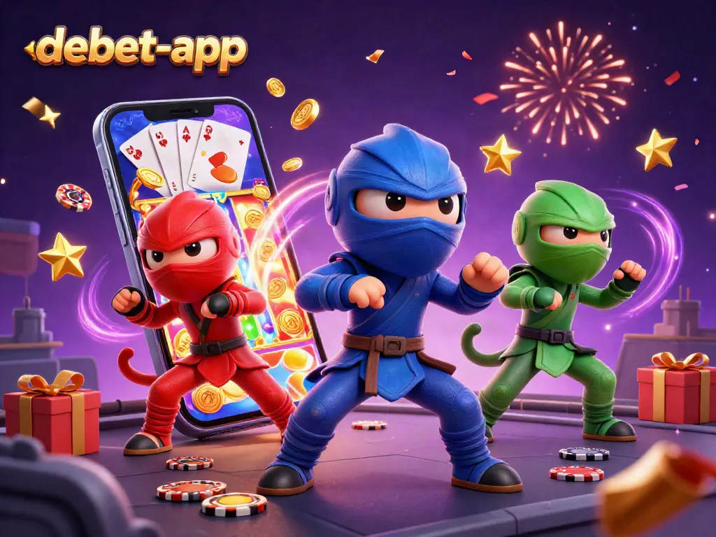 Engage with debet-app while gaming with a vibrant ninja chameleon trio in a dynamic casino scene.