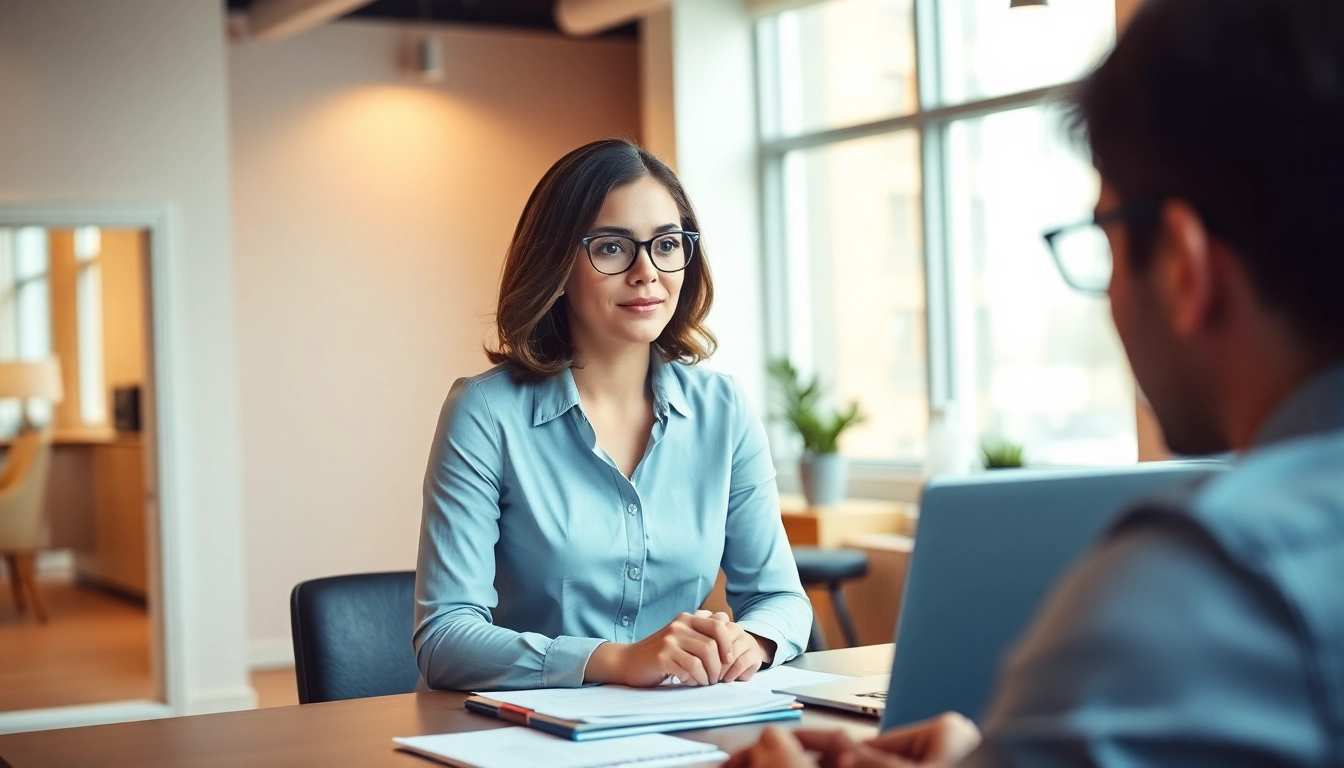 Headhunter consulting with clients in a modern office, showcasing professionalism and expertise.