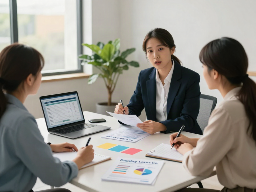 Couple consulting for Payday Loans Co in a bright office.