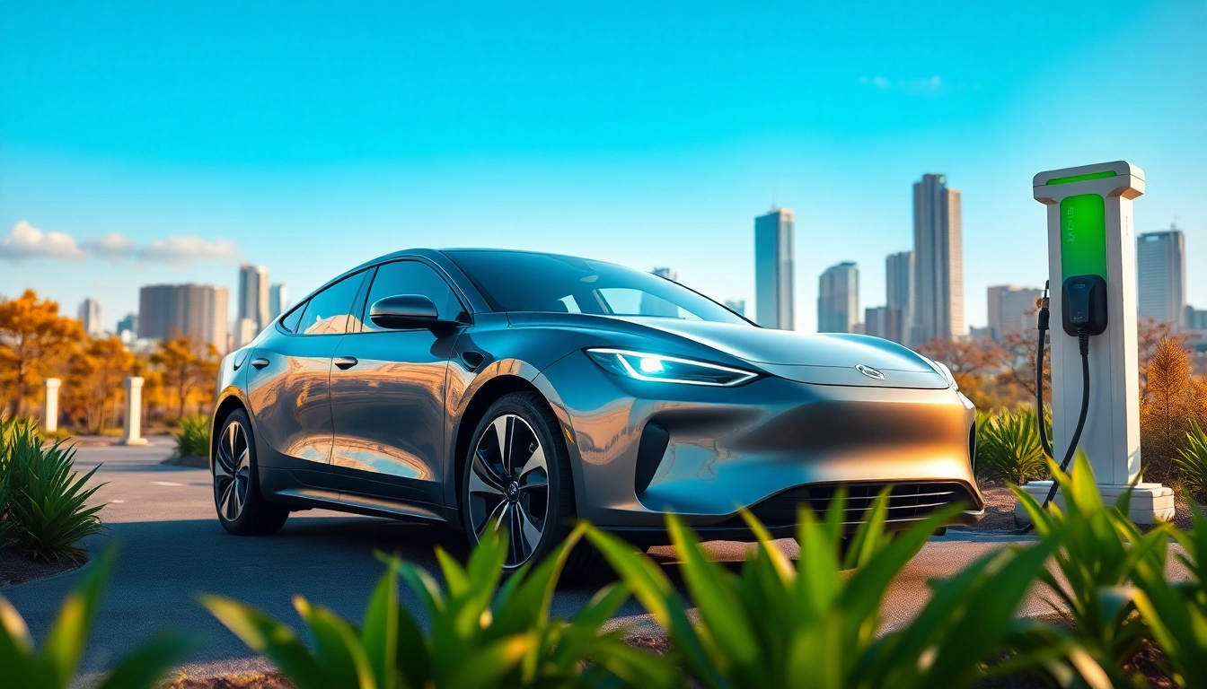 Elektroautos vor urbaner Kulisse mit auffälliger Ladeinfrastruktur und umweltfreundlicher Atmosphäre.