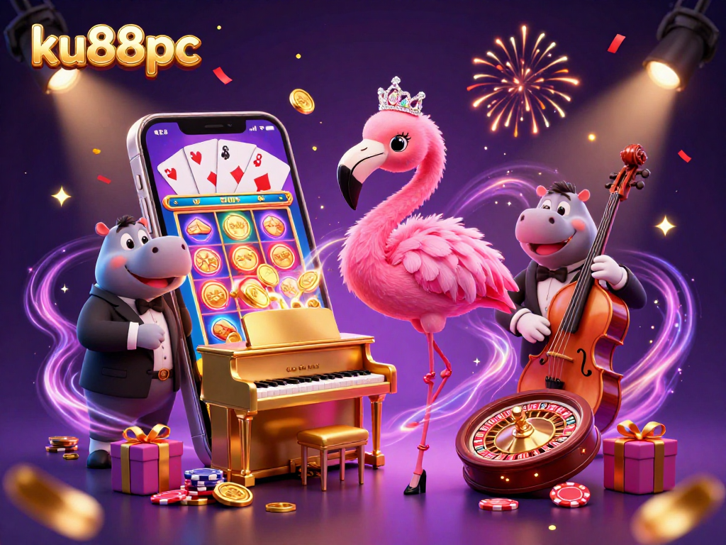 Engage with ku88pc's vibrant casino experience featuring a flamingo singer and hippo bassist.