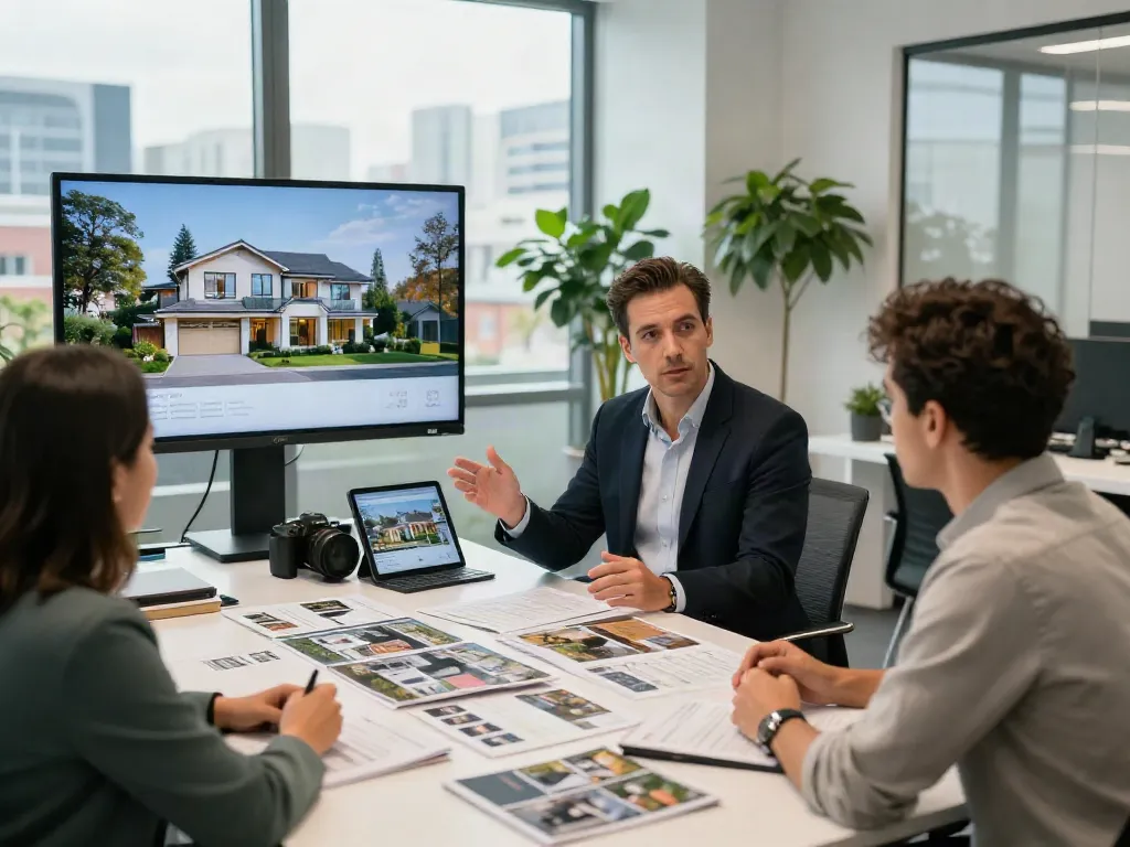 Bester Immobilienmakler Frankfurt berät Kunden in modernem Büro mit Immobilienbroschüren und digitalem Tablet.