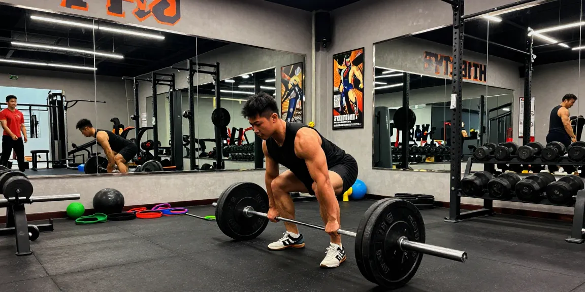 Anabolika Shop: Athlet beim Deadlift in modernem Fitnessstudio, motivierende Atmosphäre mit Equipment.