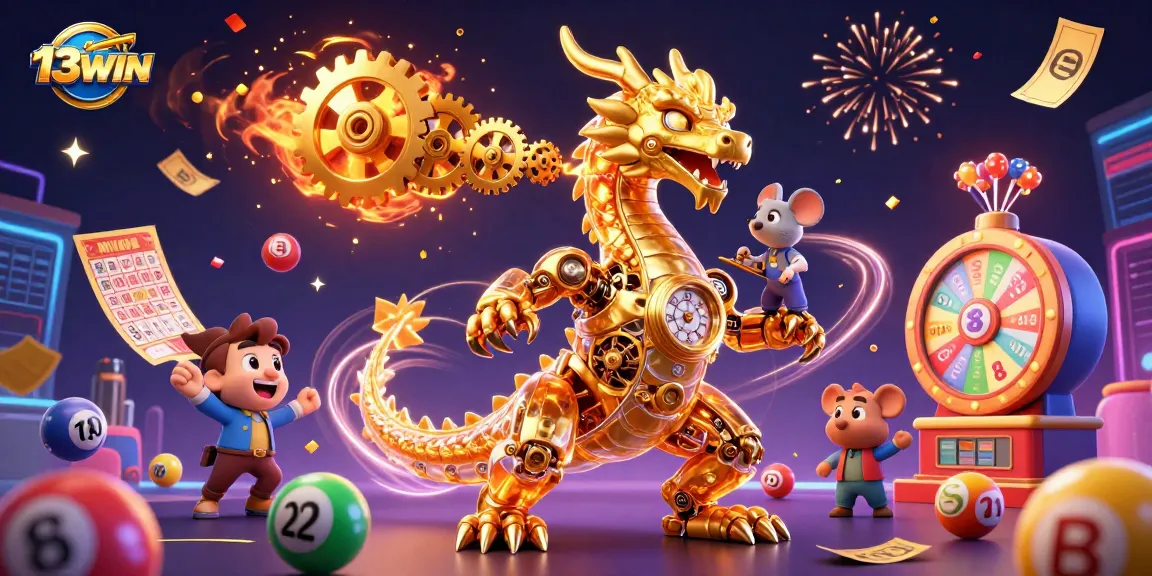 A dynamic illustration of 13WIN featuring a golden dragon and engineer, immersed in a colorful lottery scene, perfect for gambling promotions.