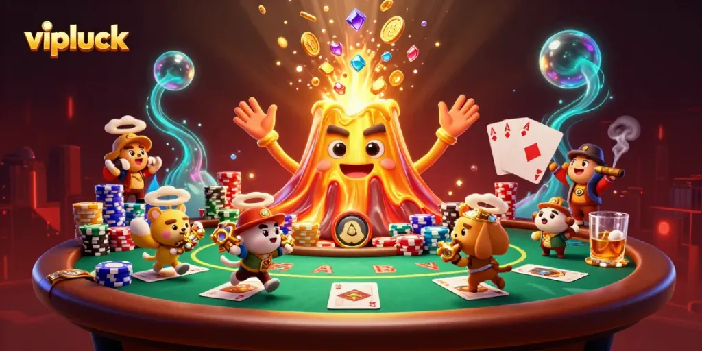 Win big with vipluck amidst treasure-filled chaos in a vibrant casino scene.