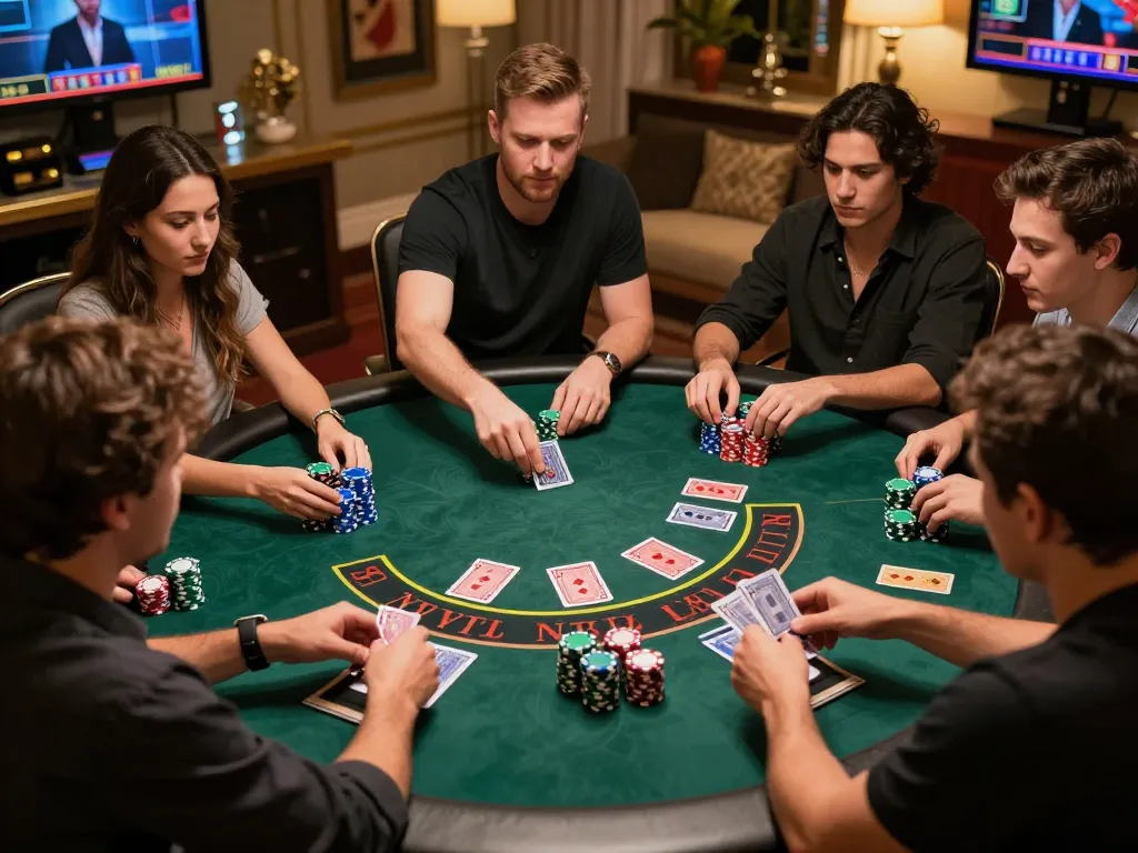 79king players engaging in a thrilling blackjack game online, highlighting strategic betting moments with colorful chips.