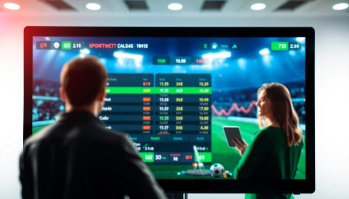 Bester Wettanbieter zeigt eine dynamische Sportwetten-Szene mit glücklichen Nutzern und Live-Statistiken.