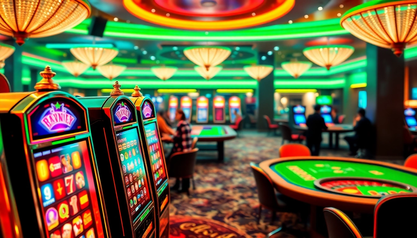 Experience the excitement of a free online casino with vibrant gaming machines and festive ambiance.