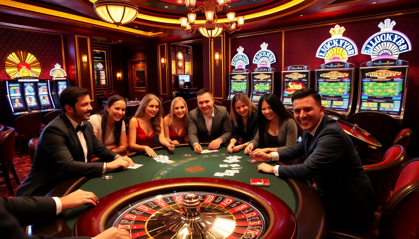 Cảnh sòng bạc sống động, các người chơi đắm mê poker tại LUCK8, nổi bật sự sang trọng và phấn khích.