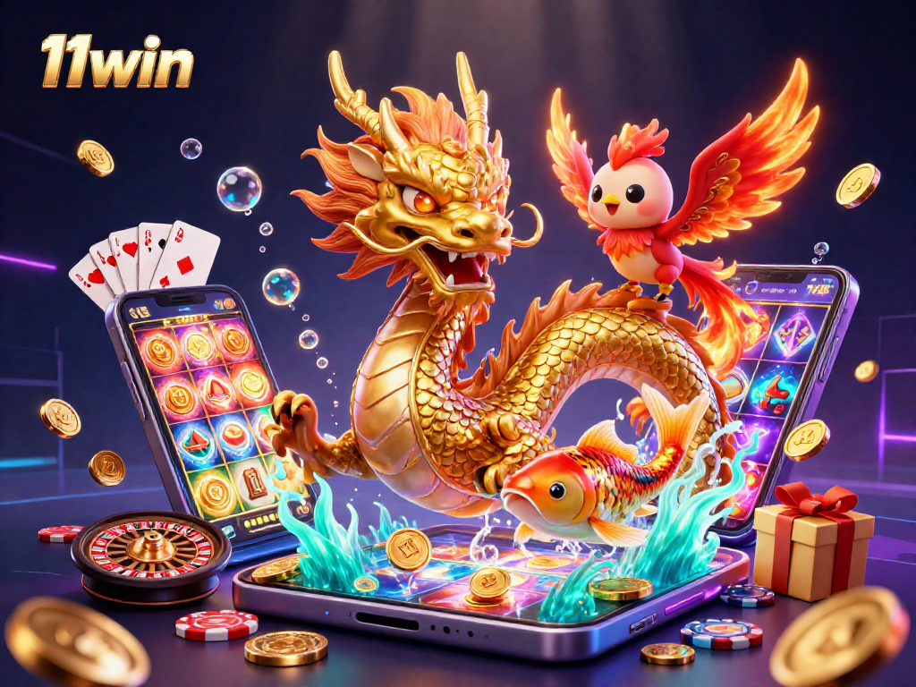 Engage in thrilling gameplay at 11win with vibrant characters featuring a dragon, phoenix, and koi fish amidst dynamic casino elements.