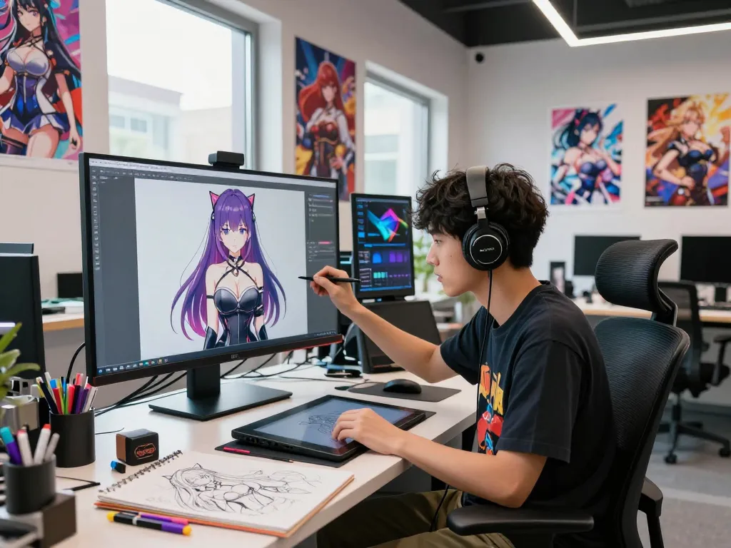 Artist creating AI-generated hentai characters in a vibrant digital studio while engaging in hentai ai chat.