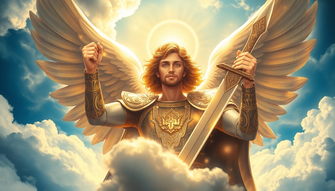 Erzengel Michael, held sword upright, symbolizes strength and protection against evil in a celestial setting.