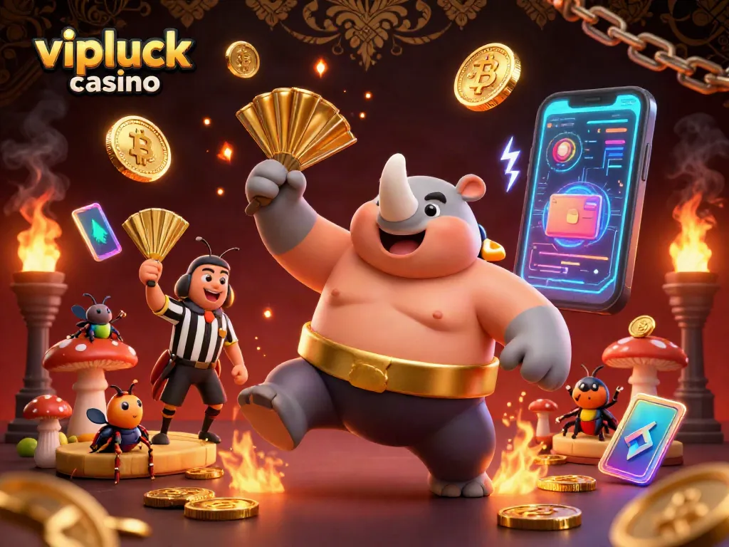 Experience the thrilling action of vipluck casino with a sumo beetle champion in a casino-themed dynamic scene.