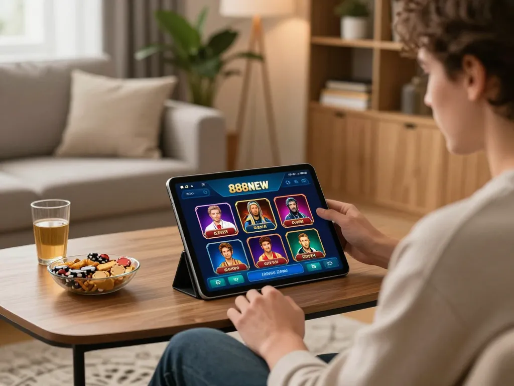 Player exploring the 888NEW app in a cozy home environment, demonstrating online gaming excitement.