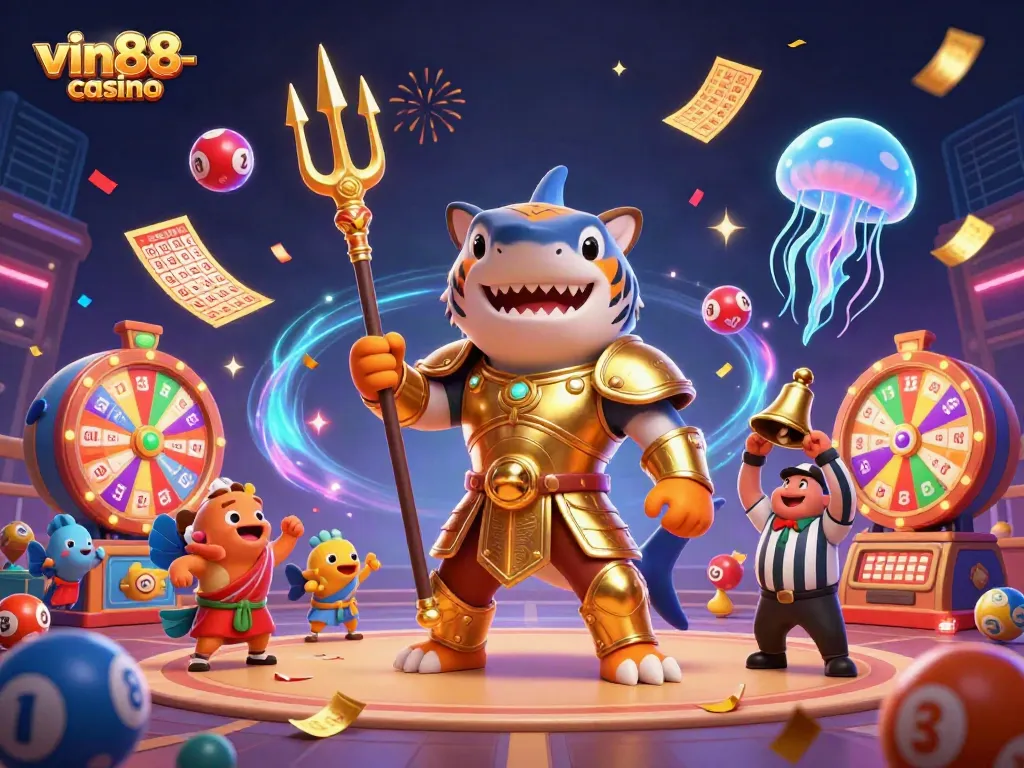 Immerse in the vin88-casino thrill, where an armored shark battles in a vibrant underwater arena.