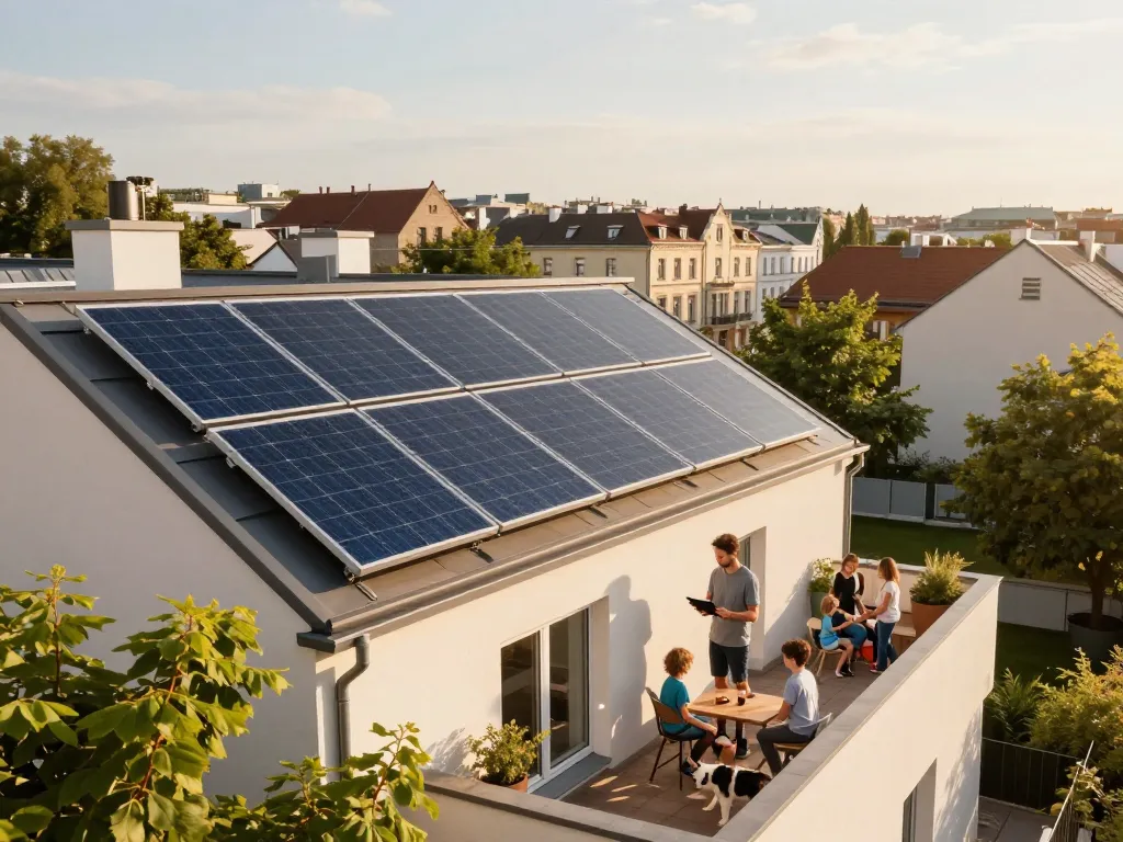 Photovoltaik Wien Installation von Solarpanels auf dem Dach mit Familie, die nachhaltiges Leben genießt.