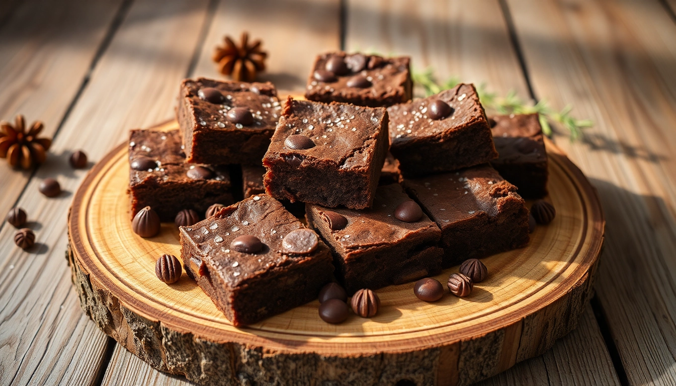 Die besten Daga brownies auf einem rustikalen Holzbrett, verziert mit Schokoladestücken und Nüssen.