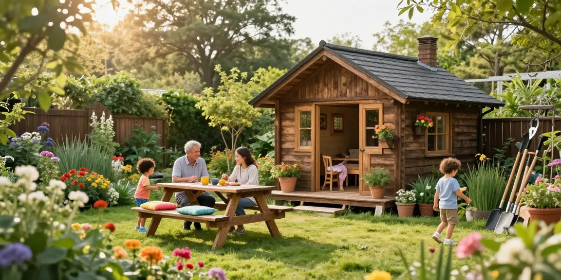 Gartenhaus aus Holz im idyllischen Garten mit Familie und bunten Blumen