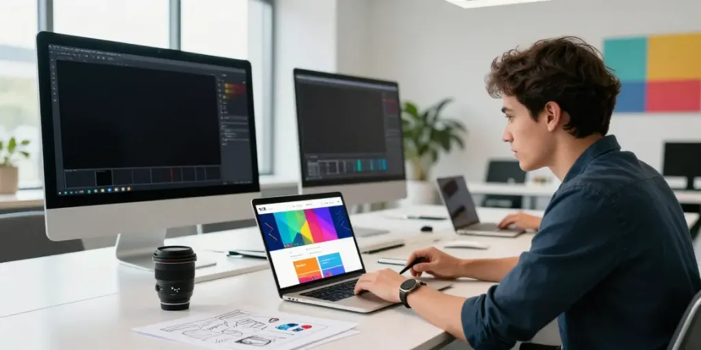 Webdesign Saarland: Designer bei der Arbeit mit Kunde an modernem Tisch.