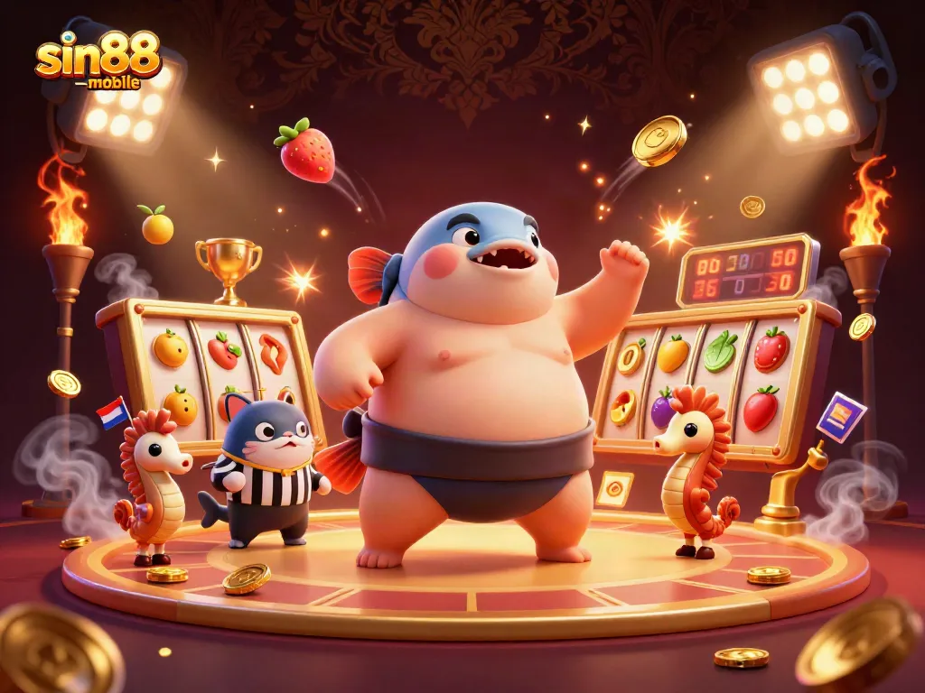 Engage with sin88-mobile's vibrant underwater casino scene featuring a playful fugu and exciting slot reels.