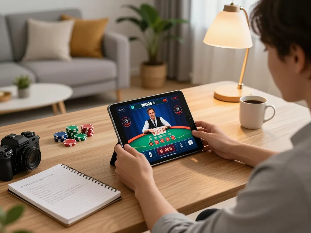 Player engaging in online blackjack at MB66 using a tablet, comfortable home setting with strategic notes.