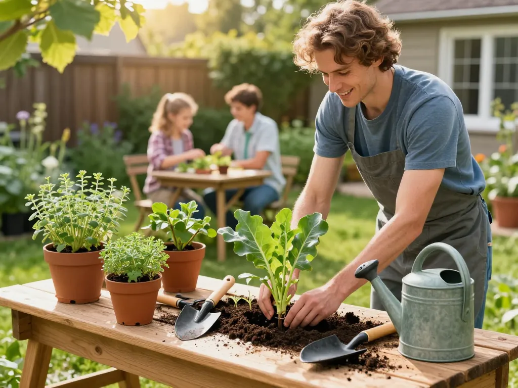 Lauch pflanzen kaufen in a sunny home garden, gardener planting seedlings surrounded by gardening tools and colorful herb pots.