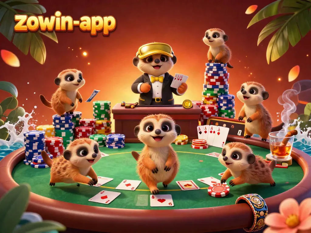 Experience the excitement of the zowin-app as meerkats host a vibrant casino scene with poker elements.