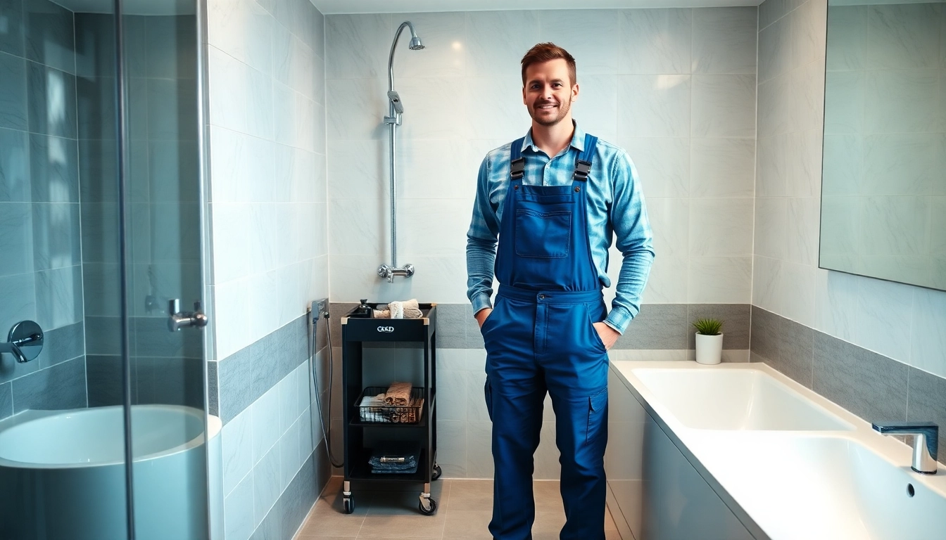 Professioneller Klempner bei der Arbeit in einem modernen Badezimmer, bietet Sanitär Notdienst mit Fachkompetenz und Verlässlichkeit an.