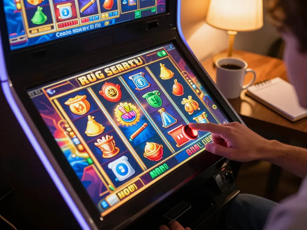 Engaged player ready to spin the nổ hũ slot machine in a cozy home setting.