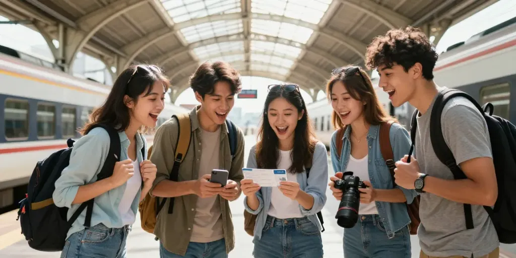 Gruppentickets für die Bahn: Gruppe junger Reisender an einem modernen Bahnhof mit Vorfreude und Freude.