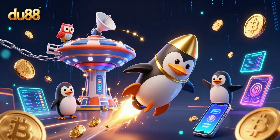Engage with du88's thrilling casino experience featuring a golden penguin and crypto elements.