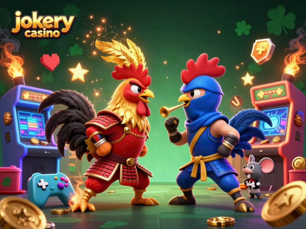 Engage with jokery casino's colorful combat scene featuring dynamic 3D cartoon roosters in battle.